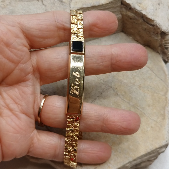 Vintage Gold plated men's ID bracelet Bob Robert gold nugget Onyx - Picture 8 of 9